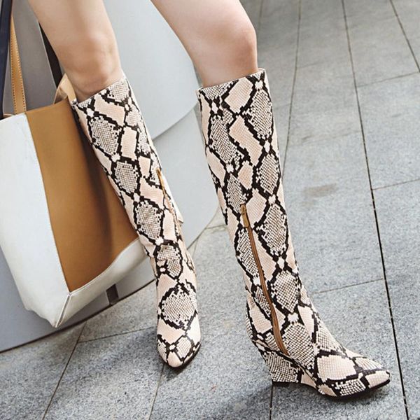 

womens slip-on leather snake print pointed toe wedges shoes cowboy long boots autumn women's boots botas mujer invierno 2020, Black