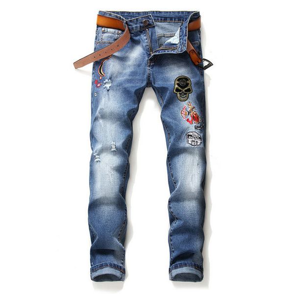 

2020 fashion men's denim skinny jeans, men's straight slim printed letters elastic denim casual locomotive bike denim men's p, Blue