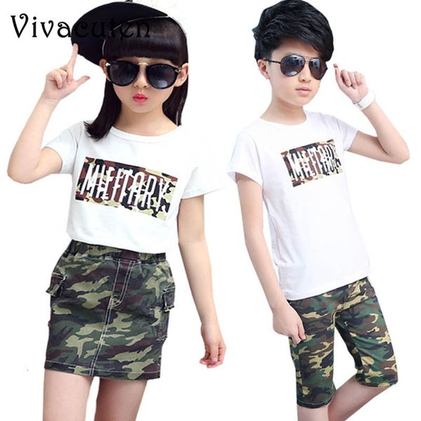 

kids summer clothing set girls t shirt skirt boys t-shirt pants 2pcs camouflage army tracksuit children uniforms costume h207, White