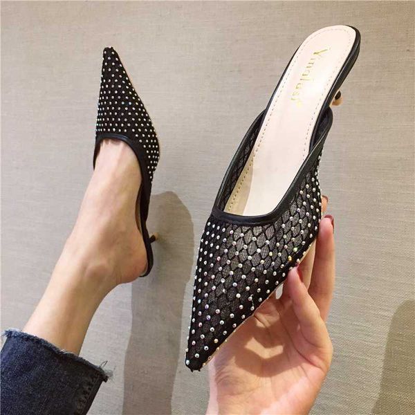 

2020 spring women pointed toe slippers air mesh elegant low thin heels pumps slip on rhinestone design slides mules shoes woman, Black