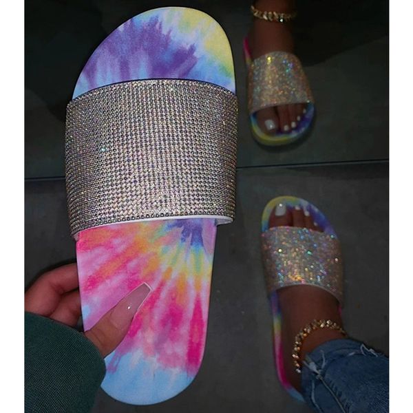 

slippers [fvfv]summer platform sandals women bling wedges shoes for slip on flat handmade rhinestones slides casual sandalias, Black