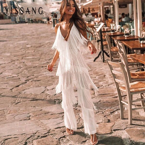 

yissang rompers womens jumpsuit tassel solid white jumpsuit playsuit long deep v neck club wear overalls for women, Black;white