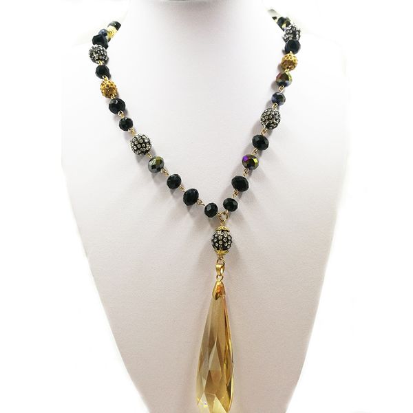 

large crystal glass beaded chain long necklace with teardrop pendant, Silver