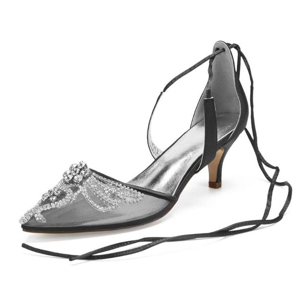 

marhermoso women pumps mesh wedding shoes thin heel shoes lace-up satin evening sapatos feminino, Black