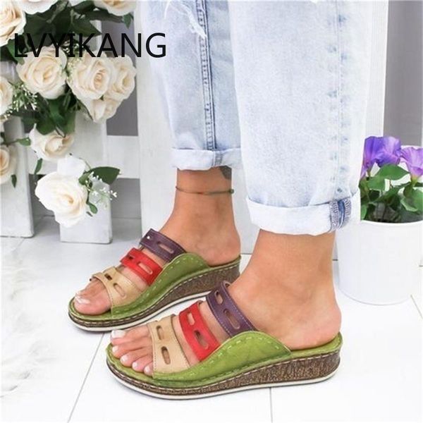

women's beach slippers 2020 summer women lady retro stitching colorcasual low beach open peep toe sandals 3 colors shoes slides, Black