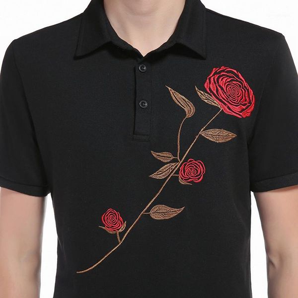 

short sleeve lapel neck polos men clothes men designer polos fashion 3d rose pattern polos casual, White;black