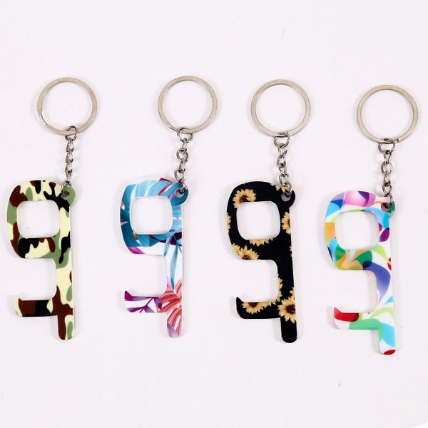 

designer key chain edc door opener fashion sunflower printed hand door opener no contact acrylic keychain, Slivery;golden