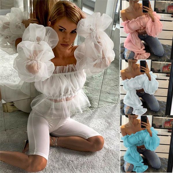 

женщины 2019 sexy с плеча оборками сетки sheer crop рубашка короткие блузка топы lace элегантная оборками блузка топы 2019, Gray