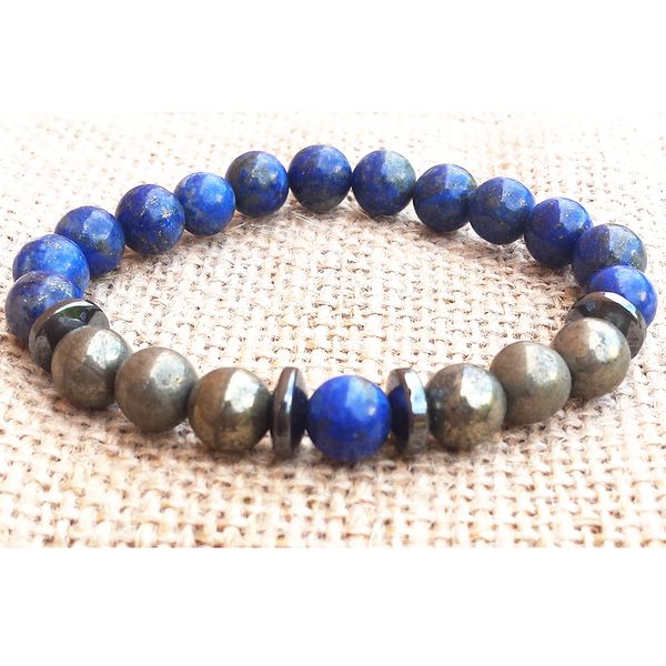 MG0765 Genuine Pirita Lapis Lazuli Bracelet Men `s Proteção Energia trecho pulseira Natural Gemstone