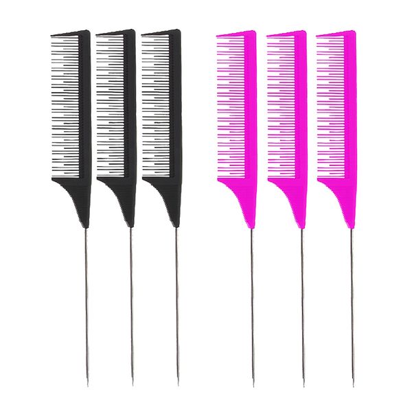 

6pcs barber fine-tooth rat tail comb for hair dyeing styling detangling, Silver