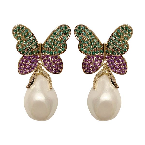 

cz butterfly and white irregular pearl drop earring for women wedding, Silver