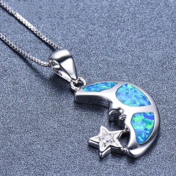 

cute moon star pendant white blue fire opal long necklace for women 925 sterling silver filled jewelry accessories