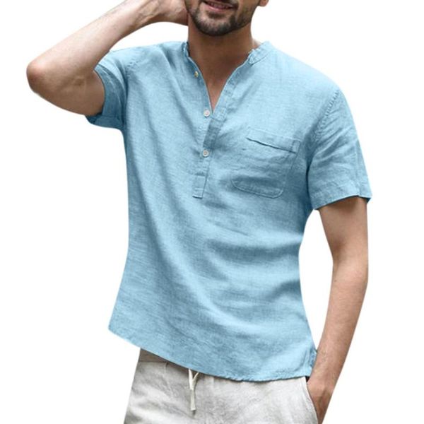 

men's casual shirts summer cotton linen men short sleeve v neck baggy blouse loose solid color social chemise plus size, White;black