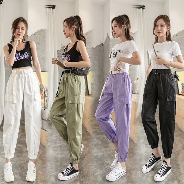 

2020 autumn candy-colored water bib overall female thin bf ankle banded cargo pants sub-loose versatile casual pants ins fashion, Black;white