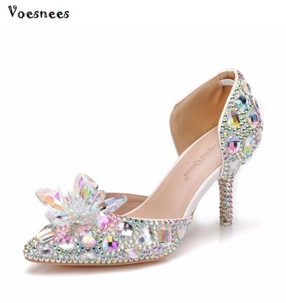 

silver flowers rhinestone wedding shoes pumps evening party glittering high heel 7.5cm cinderella crystal shoes bridal, Black