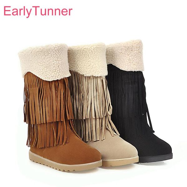 

winter brand new comfortable black beige women mid calf snow boots anti slip low heel lady shoes eh907 plus big size 10 43