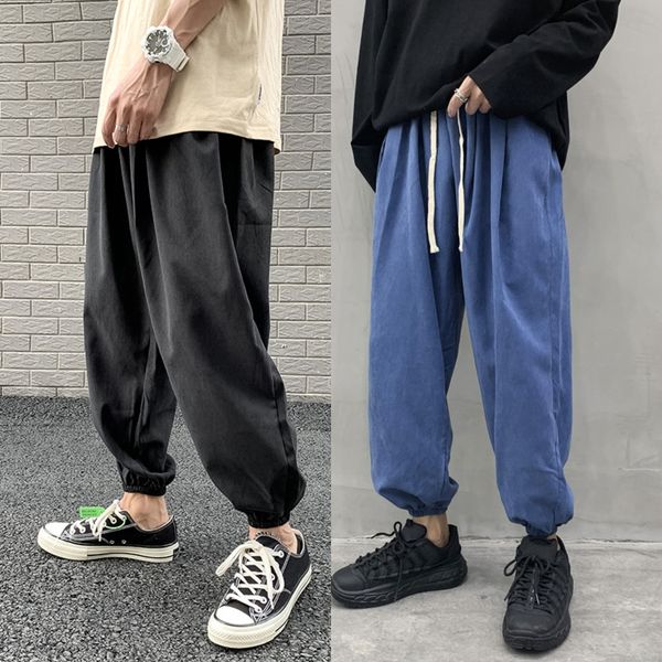 

summer ulzzang internet celebrity 9 points drawstring lantern men's fashion korean style loose student knicker casual pants thin ankle, Blue