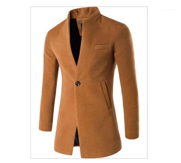 

button stand collar homme slim overcoat korean male fashion coat designer mens solid woolen coat single, Black