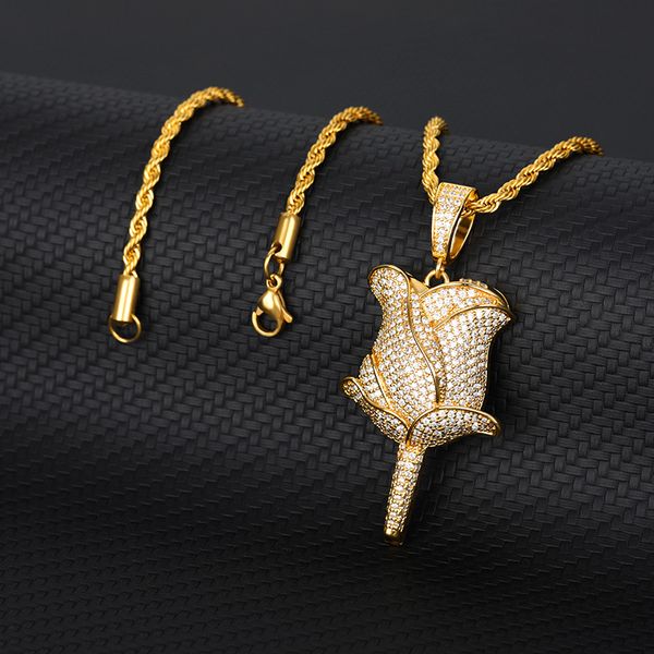

bling bling rhinestone rose petals pendant necklace gold color chain necklace men women flower hip hop jewelry gift wholesale, Silver