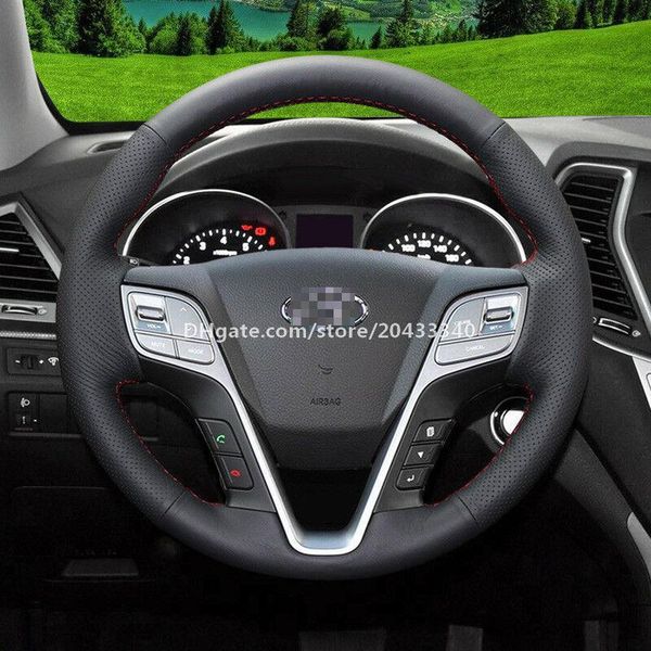

for hyubdai santa fe diy hand sewing steering wheel cover black leather