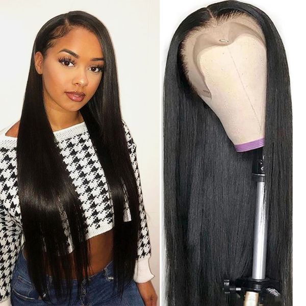 

13x4 straight human hair lace front wig 26inch brazilian hair remy glueless wig for african women with pre-plucked hair, Black