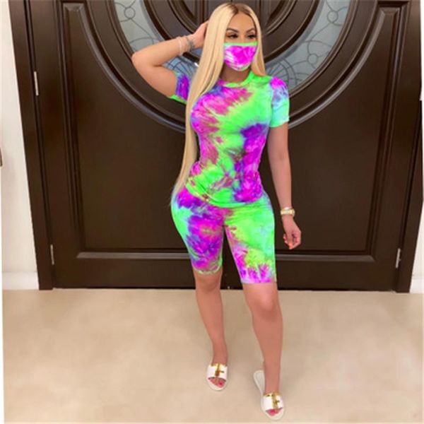 

tie dye casual women sell round neck suits new summer printing tracksuits designer fashion female short sleeve two piece sets, Gray