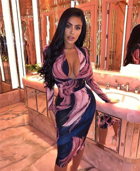 

ladies long sleeve mid waist dress open chest printed deep v slim hip dress womens designer dress, Black;gray