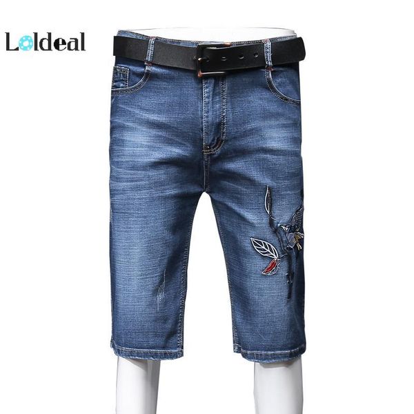 

loldeal denim shorts men's fashion summer men's bird embroidery denim shorts straight, Blue