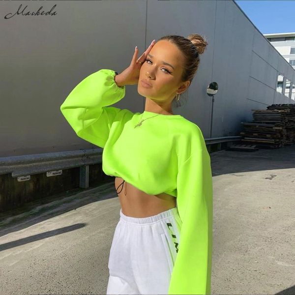 

Macheda Autumn Neon Green Sweatshirts Long Sleeve O-neck Crop Top Lady Solid Streetwear Loose Bottom Drawstring Pullovers 2019