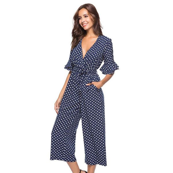 

dot jumpsuit v-neck women rompers half sleeve overalls combinaison femme monos mujer ropa woman clothes office lady jumpsuits, Black;white