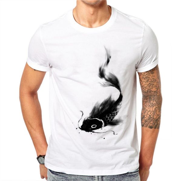 

100% cotton creative design ink fish chinese style men t shirt summer casual tees mens short sleeve t-shirt plus size 4xl