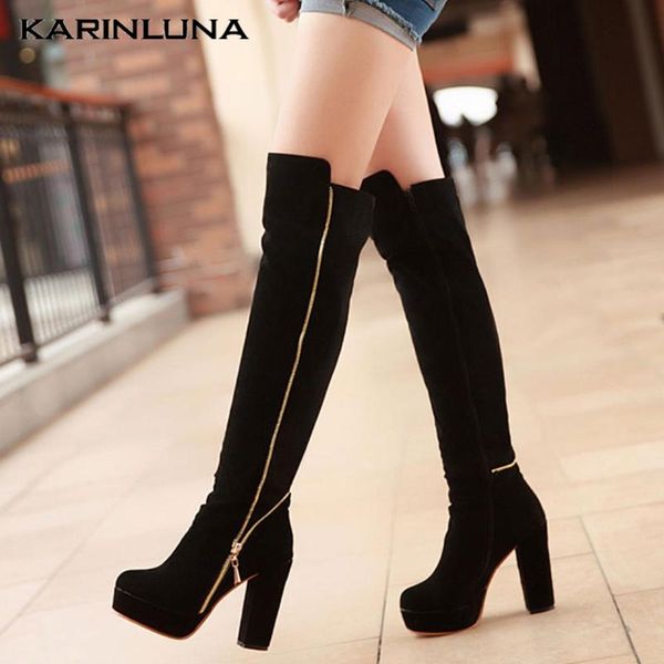 

plus size 48 square high heels elegant platform vintage winter knee high boots women shoes women, Black