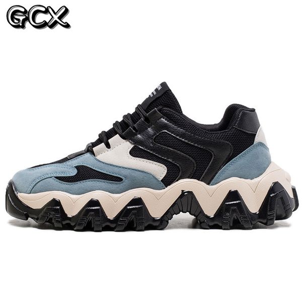 

new men chunky sneakers platform men causal shoes breathable mesh lace-up male tenis footwear height increasing retro man shoes, Black