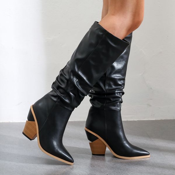 

boots aiweiyi women knee high pointed toe western cowboy thigh chunky heels runway shoes, Black