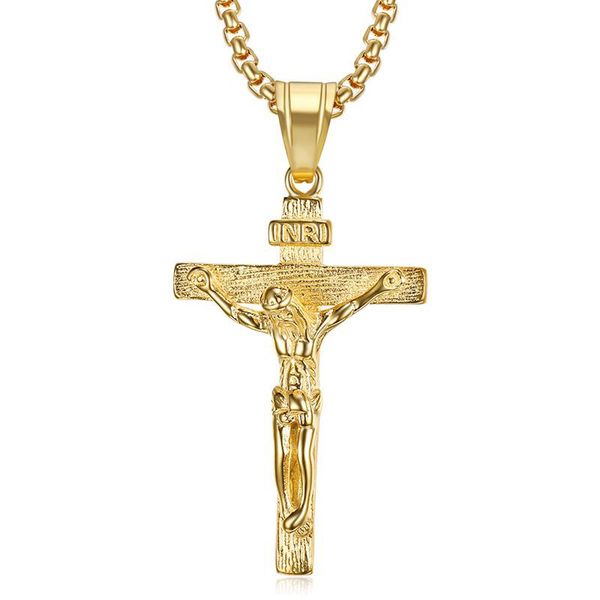 

trendy men/women cross christ jesus 316l stainless steel pendant necklace gold color inri crucifix jesus chain jewelry bijoux, Silver