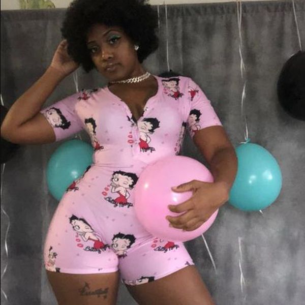 

women's deep v-neck bodycon sleepwear jumpsuit nightwear button shorts jumpsuit short sleeve slim wild casual cartoon print, Black;white