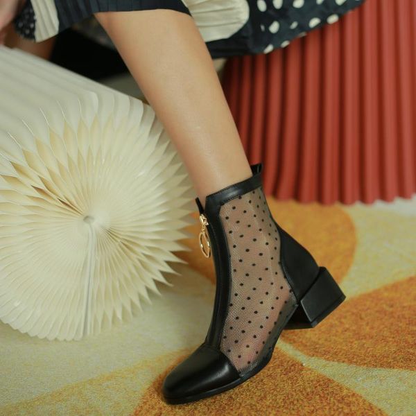 

spring / summer 2020 new all-match mid-heel polka dot mesh sandals fashion thin section boots mesh boots female z949, Black