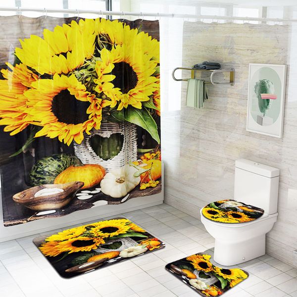 

sunflower printing shower curtain floor mat 4-piece set bathroom toilet mat set bathroom bathroom 4-piece set shower curtain