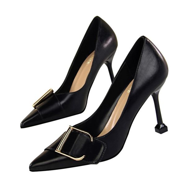 

the new summer 2020 women's sandals high heel shallow mouth pointed metal belt buckle slim single shoes, Black