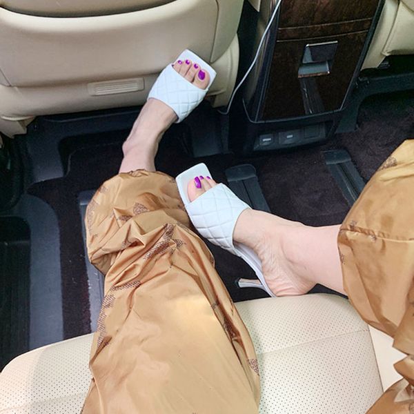 

2020 fashion square toe sandalias mujer slippers women summer open toe beach sandals women thin high heels slippers, Black