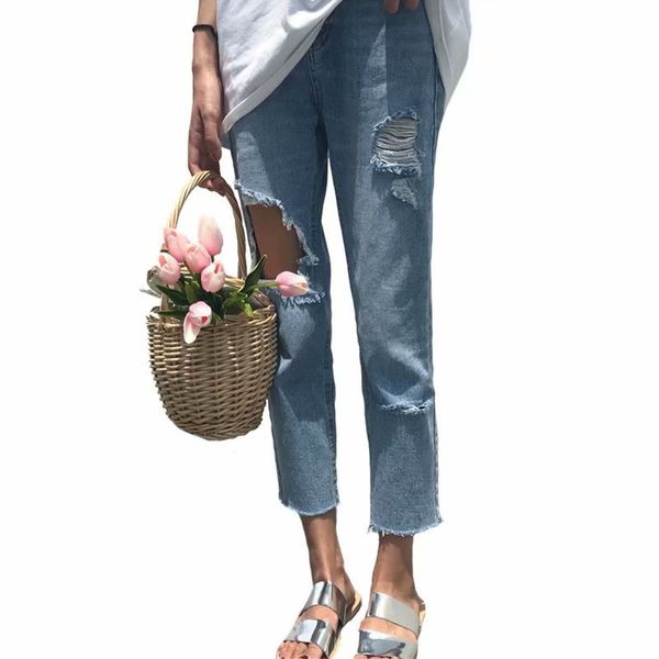 

women's jeans female denim pants patchwork high waisted womens loose for women straight ripped hole tassel plus size, Blue