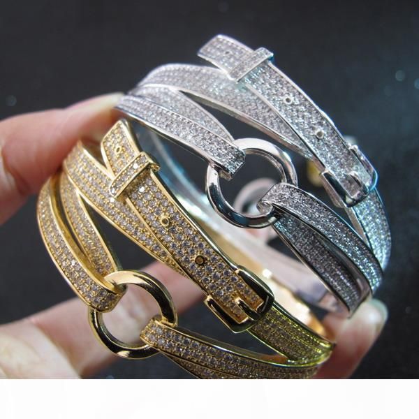 

wholesale designer cuff cubic zirconia paved belt style bangle 18k yellow gold white gold plated bracelets for women or men, Black
