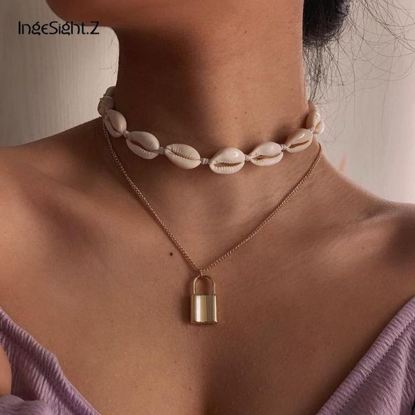 

pendant necklaces ingesight.z 2pcs/set multi layered bohemian natural seashell choker necklace collar gold color padlock jewelry, Silver