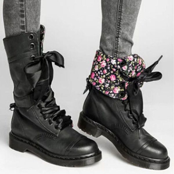 

boots floral motocycle booties women female pu leather ankle square heel autumn high-vintage shoes, Black