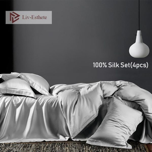 

liv-esthete noble gray 100% silk beauty bedding set silky healthy duvet cover flat sheet pillowcases  king bed linen set