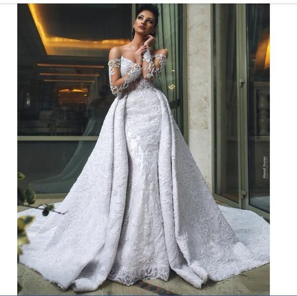 

lace long sleeves mermaid wedding dress with detachable train vintage off shoulder sheath sweep train bridal gown custom made, White
