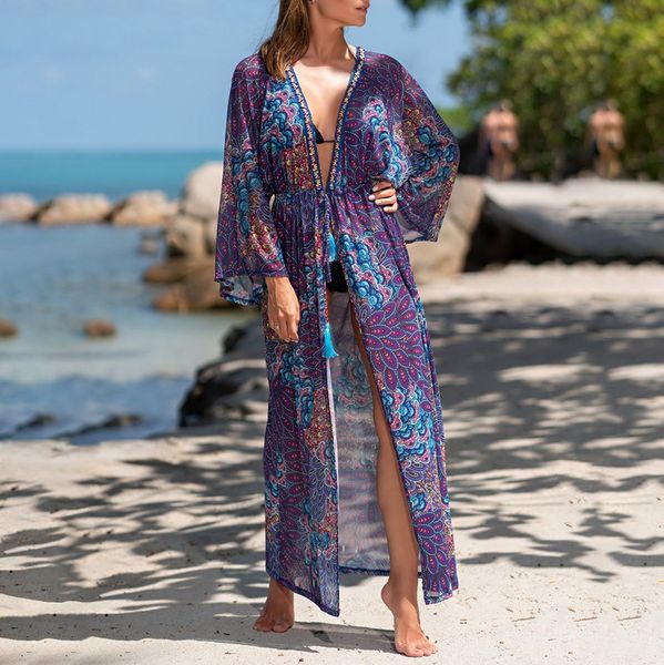 

women open front maxi dress print long robe belt long sleeve wrap, Black;gray