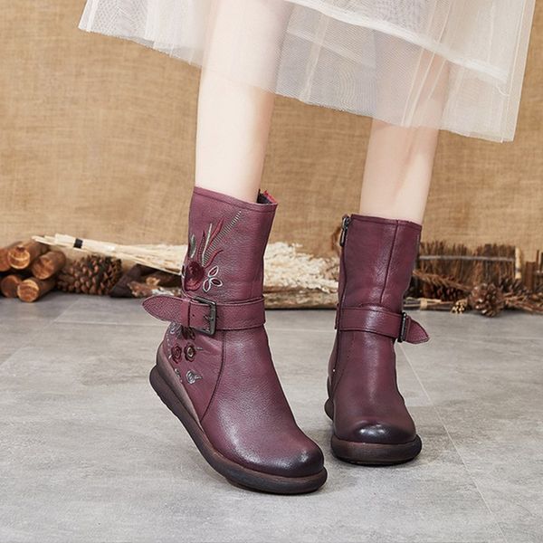 

women's boots 2020 autumn winter new leather comfortable women's boots national style retro slope with, Black