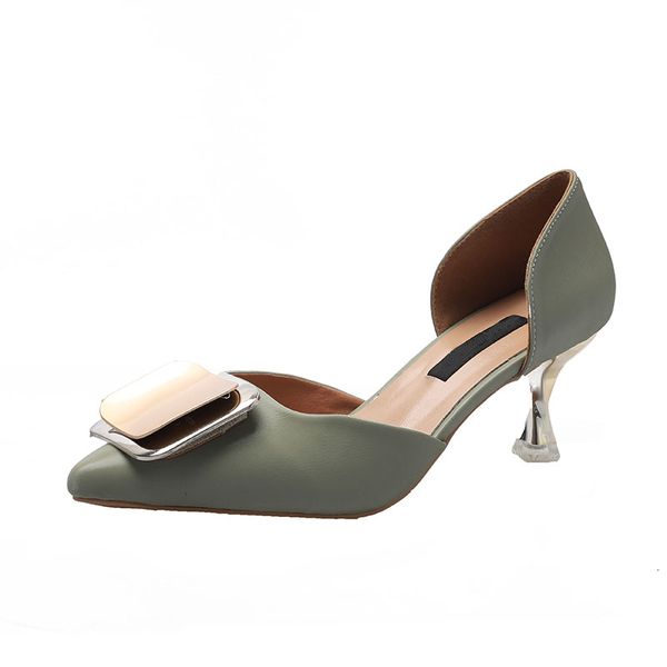 

new pointed stiletto high heels simple fashion shallow mouth womens shoes temperament elegant single shoes metal button, Black