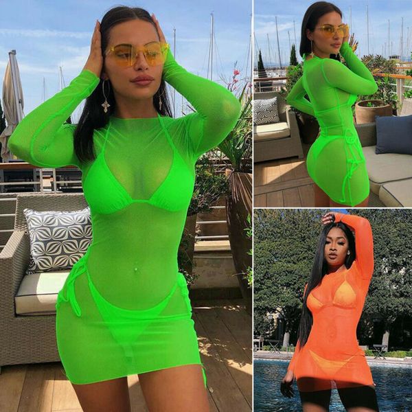 

womens summer lace fishnet see through mesh bikini cover up swimwear bathing suit beach dress, White;black